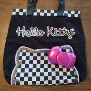NWT HELLO KITTY Tote Bag Purse Checkered Black & White Pink Plush BOW Loungefly